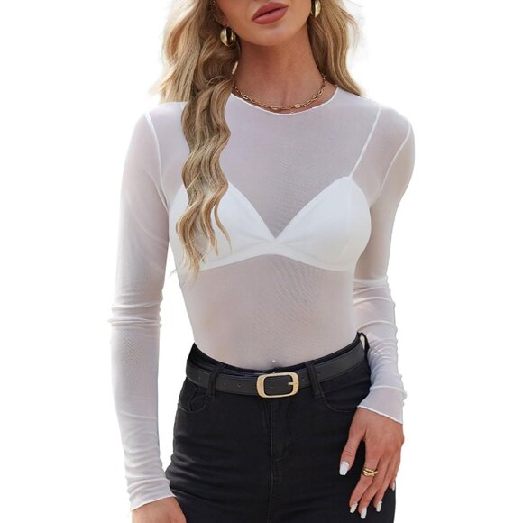 🆕 Women White Mesh Sheer Long Sleeve Tops Lace Sexy Mock Neck Shirts Layering - Picture 1 of 4